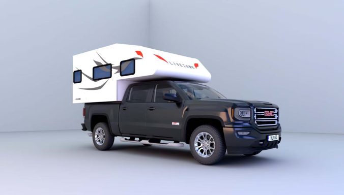 Schwarzer Pickup-Truck mit Wohnkabine in Weiß auf grauem Hintergrund.