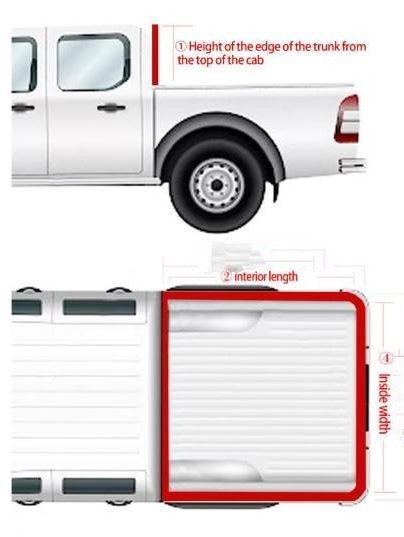 Messanleitung für einen Topper-Camper auf einem Pickup mit Abmessungen.